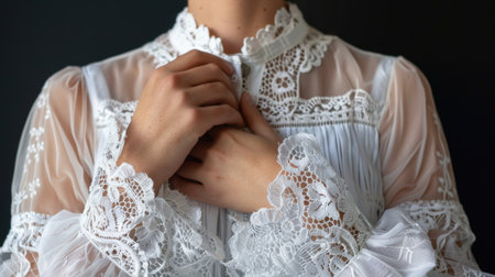 This captivating close-up showcases an elegant white lace blouse with intricate detailing, highlighting the beauty of sheer fabric in modern fashion. Ideal for style enthusiasts.の素材