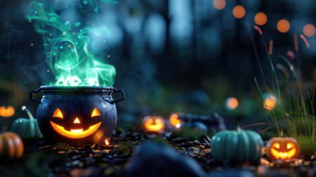 A captivating Halloween scene featuring a glowing cauldron emitting eerie green smoke, surrounded by charming pumpkins in a dark, mysterious forest at night. Perfect for seasonal themes.の素材