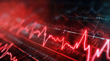 Explore a stunning abstract digital image showcasing a red data graph with pulsing lines, representing modern technology, statistics, and analytical concepts in a dynamic visual form.の素材
