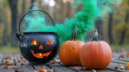 A captivating Halloween scene featuring a carved pumpkin, a cauldron emitting green smoke, and vibrant autumn leaves, perfect for festive celebrations and seasonal decor.の素材