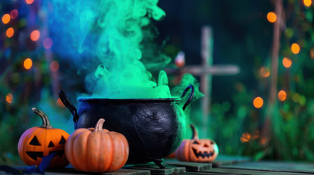 A captivating Halloween scene showcasing a black cauldron with vibrant steam, surrounded by carved pumpkins, creating a magical and spooky atmosphere perfect for the season.の素材