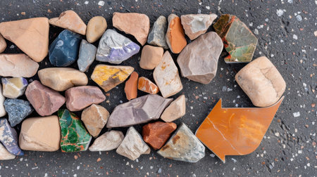 A vibrant collection of natural stones is arranged on a pavement to create an artistic design featuring an arrow, symbolizing direction and creativity in an outdoor environment.の素材