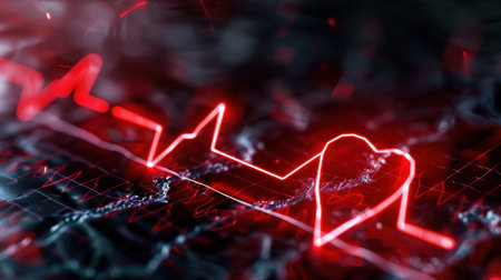 A vibrant red heartbeat line forms a heart shape against a dark backdrop, symbolizing life and health in a visually striking abstract design for medical themes.の素材