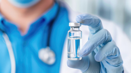 A medical professional in blue gloves holds a glass vial of vaccine, symbolizing advancements in healthcare and the importance of vaccinations in patient protection.の素材
