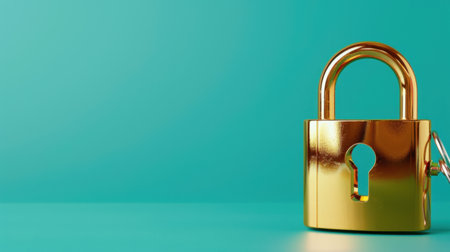 A gleaming gold padlock rests on a tranquil teal surface, representing concepts of security, safety, and protection in a visually appealing and modern way.の素材