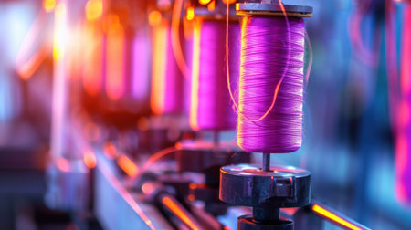 Close-up view of brightly colored purple threads on spools within a modern textile manufacturing setting, highlighting the interplay of light and machine technology.の素材