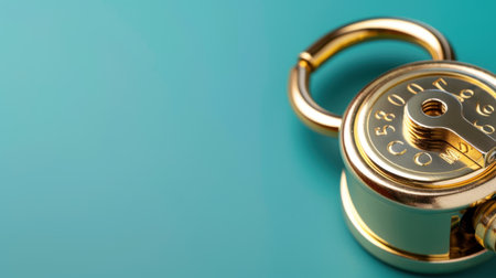 A golden combination lock rests on a smooth blue surface, symbolizing safety and security. Ideal for projects related to protection, privacy, and financial themes.の素材