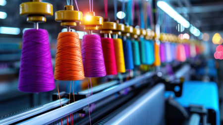 A close-up view of colorful spools of thread in a textile factory, showcasing the vibrant hues of yarn for various sewing and crafting projects, emphasizing creativity and craftsmanship.の素材