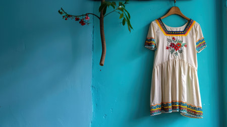 A beautiful traditional dress adorned with fine embroidery hangs gracefully on a wooden hanger against a bright turquoise wall, enhanced by a hint of greenery. Perfect for showcasing culture.の素材