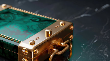 This image features a luxurious golden box with a vibrant emerald green surface, set against a sleek marbled background, showcasing a perfect blend of elegance and intricate design.の素材