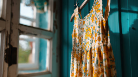 A beautifully patterned floral dress hangs gracefully by a rustic window, illuminated by soft natural light, epitomizing summer fashion and vintage charm in a serene setting.の素材