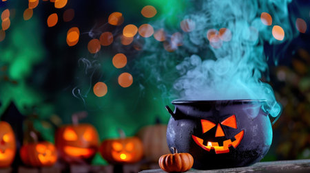 A mysterious Halloween scene featuring a cauldron emitting smoke, with a carved pumpkin in front against a backdrop of glowing Jack-O'-Lanterns. Perfect for festive themes.の素材