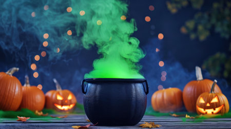 Capture the essence of Halloween with this enchanting scene featuring a bubbling black cauldron surrounded by glowing Jack-o'-Lanterns and vibrant autumn leaves.の素材