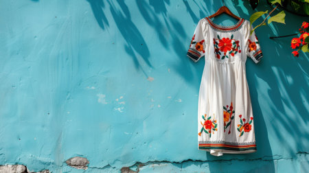 A stunning white dress with intricate embroidery displayed against a vibrant blue wall, creating a delightful contrast enhanced by surrounding greenery and flowers.の素材