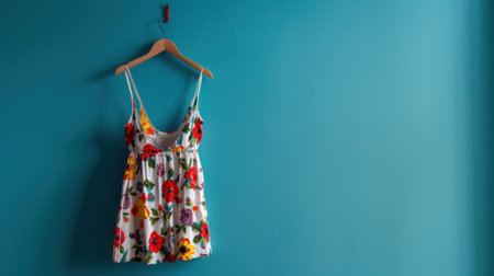 A vibrant floral dress hangs gracefully on a wooden hanger, showcasing a playful blend of colors against a turquoise wall, perfect for summer fashion inspiration.の素材