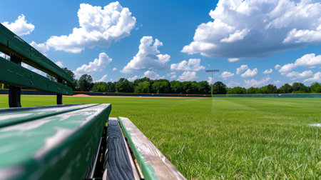 A serene view from a bench on a baseball field, showcasing lush green grass and a picturesque sky filled with fluffy clouds, perfect for relaxation and enjoyment.の素材