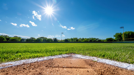 An expansive view of a baseball field under a vibrant blue sky, featuring bright sunlight and lush green grass, perfect for capturing the essence of outdoor sports and recreation.の素材