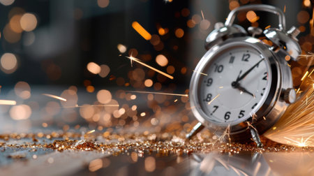A closeup of a sparkling alarm clock resting on a wooden surface, surrounded by glowing sparks and glitter, symbolizing urgency and the passage of time in an artistic manner.の素材