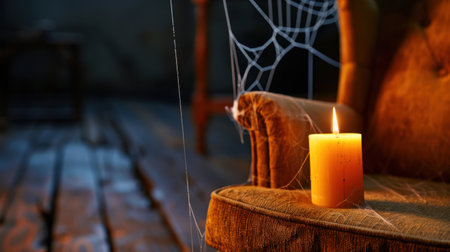 A solitary amber candle casts a warm glow on an old armchair, surrounded by intricate spiderwebs, creating a mysterious and eerie atmosphere in a dimly lit room.の素材