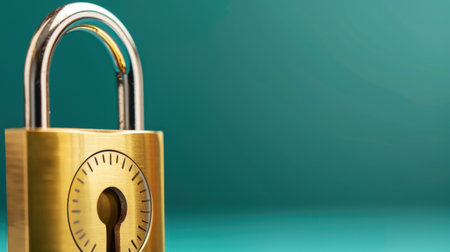 A detailed close-up of a brass padlock featuring a combination dial, set against a soft blue background, highlighting themes of security, confidentiality, and protection in everyday life.の素材