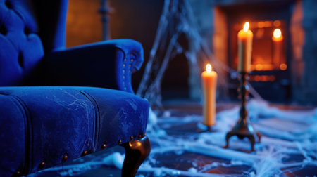 A spooky armchair surrounded by flickering candles and cobwebs creates an eerie atmosphere perfect for Halloween-themed decor and storytelling in photography.の素材