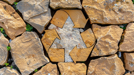 A unique artistic representation of a recycle symbol crafted from natural stones and pebbles on the ground, illustrating the importance of sustainability and environmental responsibility.の素材