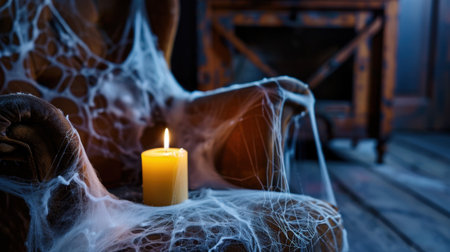A solitary candle glows softly amidst cobwebs on a vintage chair, creating an eerie yet tranquil atmosphere perfect for Halloween or spooky-themed decor.の素材