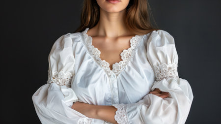 Stunning portrait of a confident woman in a white blouse with lace details, posing against a dark backdrop, capturing elegance and beauty in a minimalist style.の素材