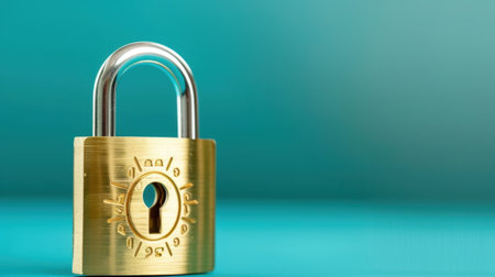 A vibrant image of a golden padlock set against a striking turquoise background, embodying themes of security and protection, perfect for various media and business uses.の素材