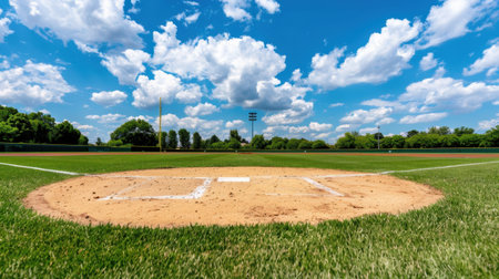 A serene baseball field showcases lush green grass and a clear blue sky dotted with fluffy clouds, inviting outdoor leisure and sports activities in a picturesque environment.の素材