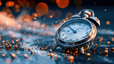A stunning close-up image of a vintage stopwatch on a reflective surface, surrounded by sparkling water droplets and vibrant bokeh lights, symbolizing the essence of time and precision.の素材