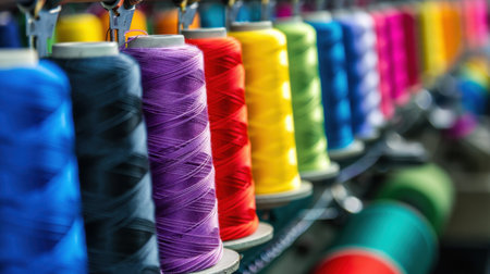 A striking display of colorful spools of thread arranged in a workshop, perfect for sewing and crafting enthusiasts looking for inspiration or supplies.の素材