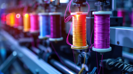 A close-up view of colorful spools of thread in a textile factory, highlighting the vibrant colors and intricate details of the production process with glowing lights.の素材