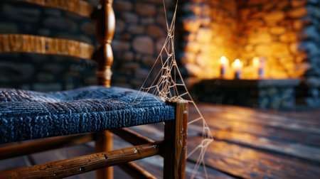 This image features an old wooden chair with spider webs, set against a warm fireplace backdrop, combining rustic charm with a cozy mood, perfect for evoking nostalgia and tranquility.の素材