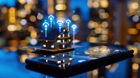 An artistic representation of smart home technology featuring a miniature home model on a smartphone, emphasizing connectivity and innovation in a vibrant urban setting.の素材