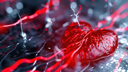 A captivating digital artwork featuring a bright red heart amidst glowing lines, evoking feelings of love, connection, and passion in an abstract visual expression.の素材