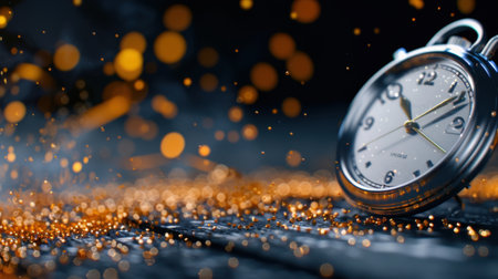 A stunning close-up of a classic silver pocket watch, featuring intricate details and surrounded by sparkling particles, creating a mesmerizing ambiance against a dark background.の素材