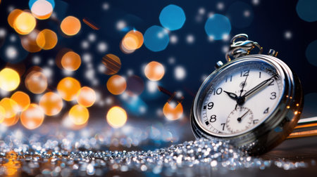A vintage stopwatch rests on a glittering surface, surrounded by colorful bokeh lights, symbolizing the passage of time and the joy of celebration during festive occasions.の素材