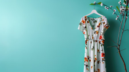 A vibrant floral print dress elegantly hangs on a clothes hanger, complimented by a teal wall and cherry blossom branches, creating a refreshing and stylish atmosphere.の素材
