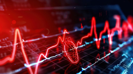 This captivating image depicts a heartbeat rhythm with an ECG monitor display, showcasing a vibrant red wave pattern symbolizing health and medical technology concepts.の素材