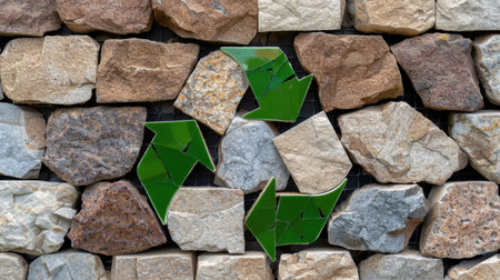 A striking arrangement of natural stones featuring a green recycled glass symbol, illustrating the harmony of nature and sustainability in modern design. Ideal for eco-friendly projects.の素材