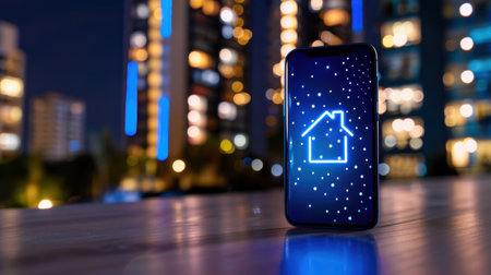 A smartphone showcases a glowing home icon surrounded by stars, symbolizing digital connectivity and modern living against a blurred urban night backdrop.の素材