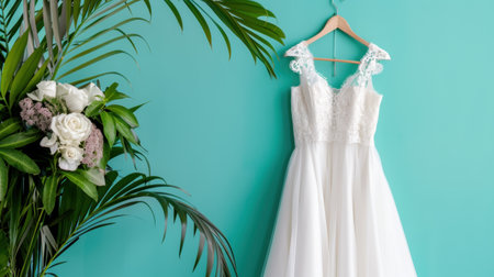 A stunning bridal dress hangs elegantly on a wooden hanger against a turquoise wall, complemented by a lush floral bouquet and tropical greenery, showcasing wedding beauty and style.の素材