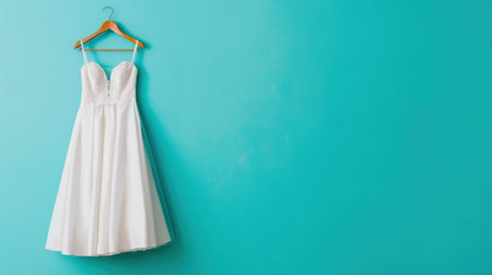 A charming white dress hangs gracefully on a wooden hanger against a vibrant turquoise wall, embodying elegance and simplicity ideal for fashion and wedding themes.の素材