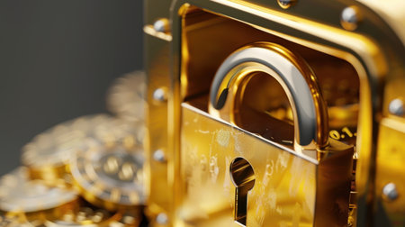 Close-up view of a golden padlock surrounded by shimmering coins, emphasizing security and protection in the world of cryptocurrency and digital finance.の素材