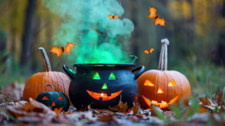 Capture the spirit of Halloween with this vibrant scene featuring carved pumpkins, a bubbling cauldron, and whimsical bats in an enchanting autumn forest setting.の素材