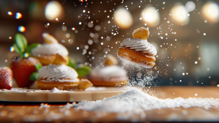 An enticing pastry with fluffy cream and almond sits above a sprinkle of powdered sugar, creating an inviting and cozy atmosphere perfect for food lovers and dessert enthusiasts.の素材