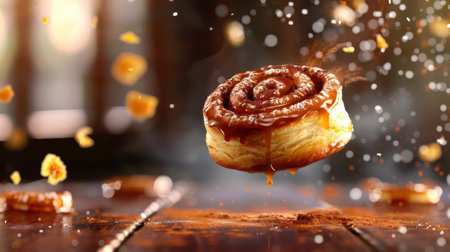 A stunning cinnamon roll with a rich glaze floats above a rustic wooden table, surrounded by sweet crumbs, showcasing a warm and inviting food photography scene.の素材
