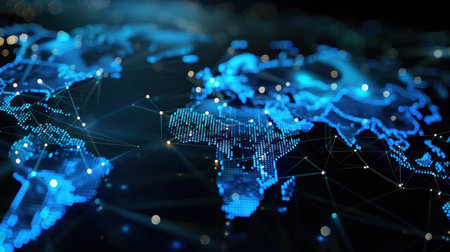 Captivating digital representation of a world map highlighting glowing network connections and vibrant data points, symbolizing advanced technology and global communication.の素材