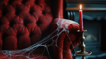 A vintage red chair draped in delicate spider webs, accompanied by a flickering candle, creating an eerie yet inviting atmosphere perfect for a spooky or cozy setting.の素材